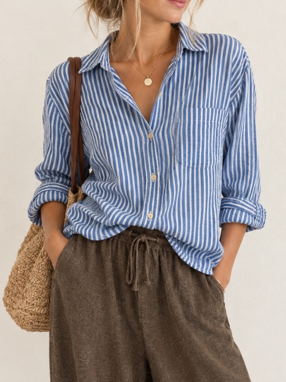 Imogene + Willie Striped Button Down Shirt Size Small Oversized Blue White